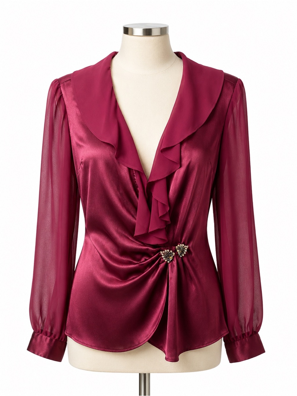 Burgundy Satin Blouse Ruffle Front Sheer Sleeves Jeweled Waist Size 10
